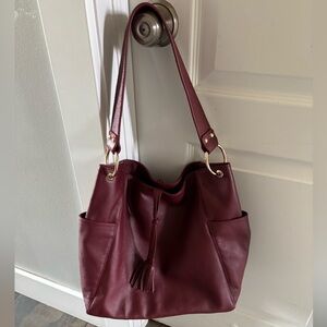 Laggo Burgundy Red Leather Pebble Shoulder Bag Hobo Tassel Detail